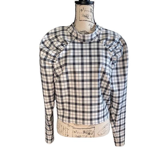 Asos Plaid Long Sleeve Cropped Open Back Mock Neck Blouse Top White Black US 14 - Picture 1 of 7